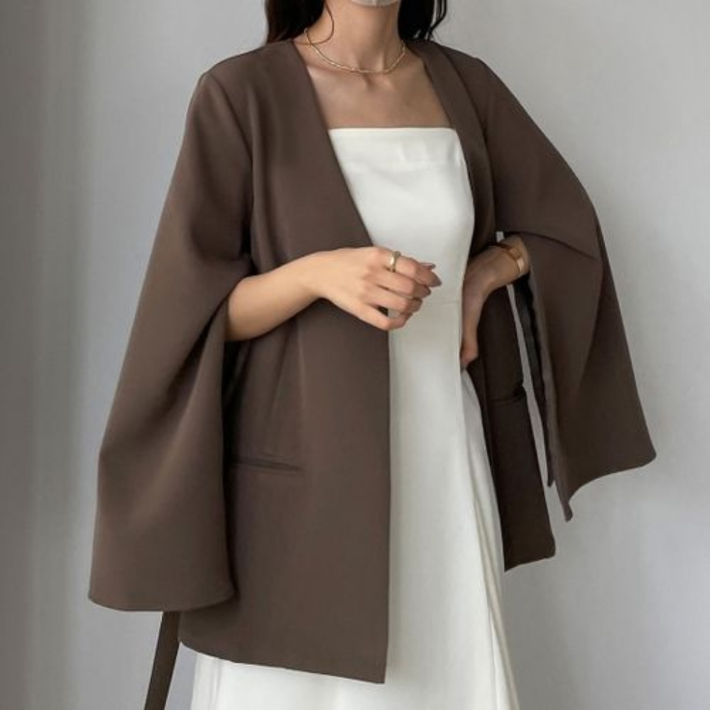 Louere 2way Slit Sleeve Collarless Jacket (Brown), size XL